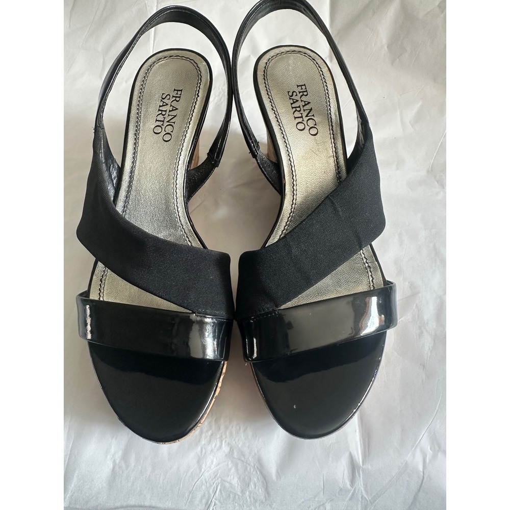 Franco Sarto Blink Black Patent Leather Cork Wedge Slingback Sandals Women 8M - Picture 5 of 9